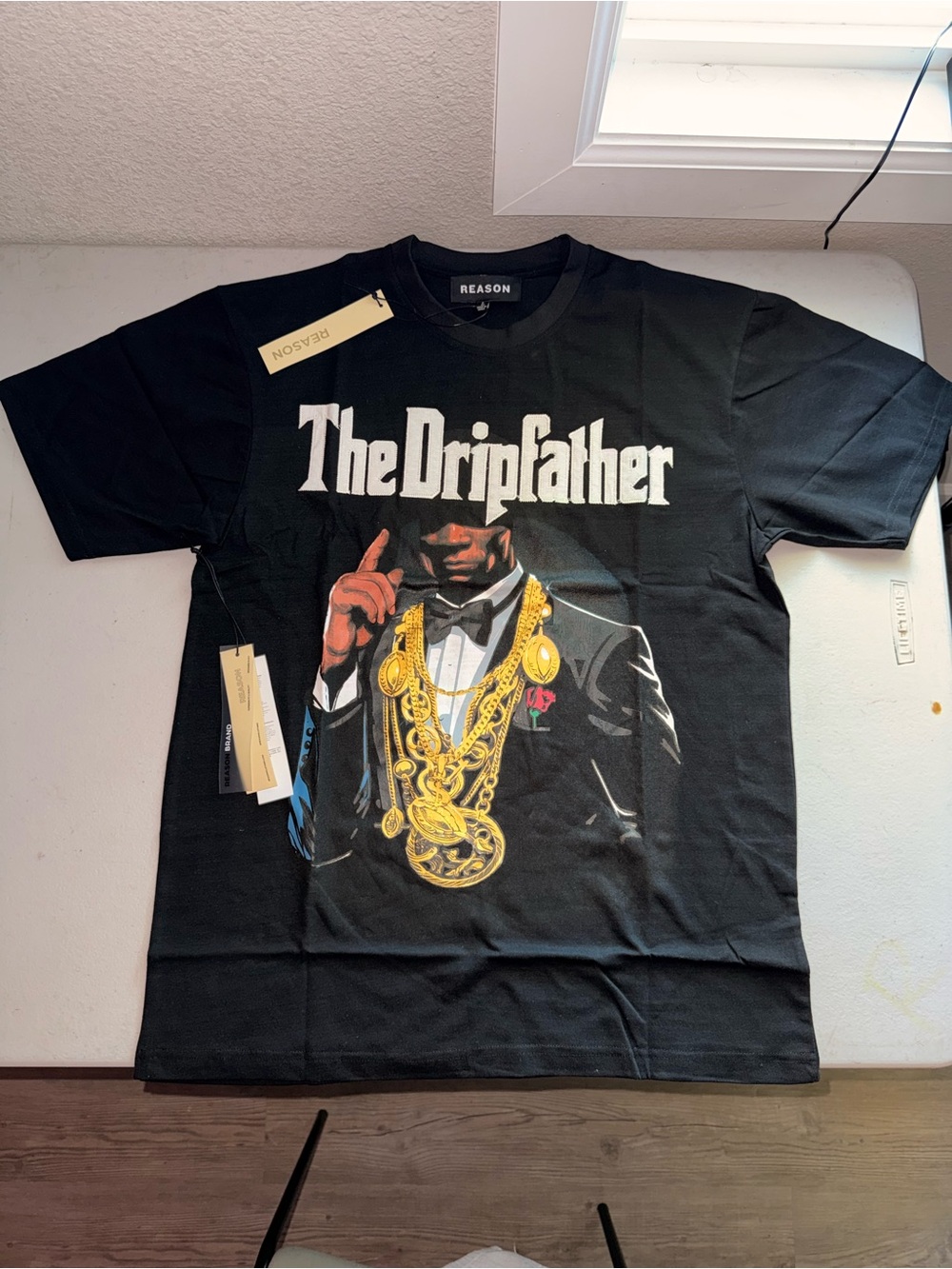 Reason Black 'The Dripfather' Graphic Tee with Gold Chain Print
